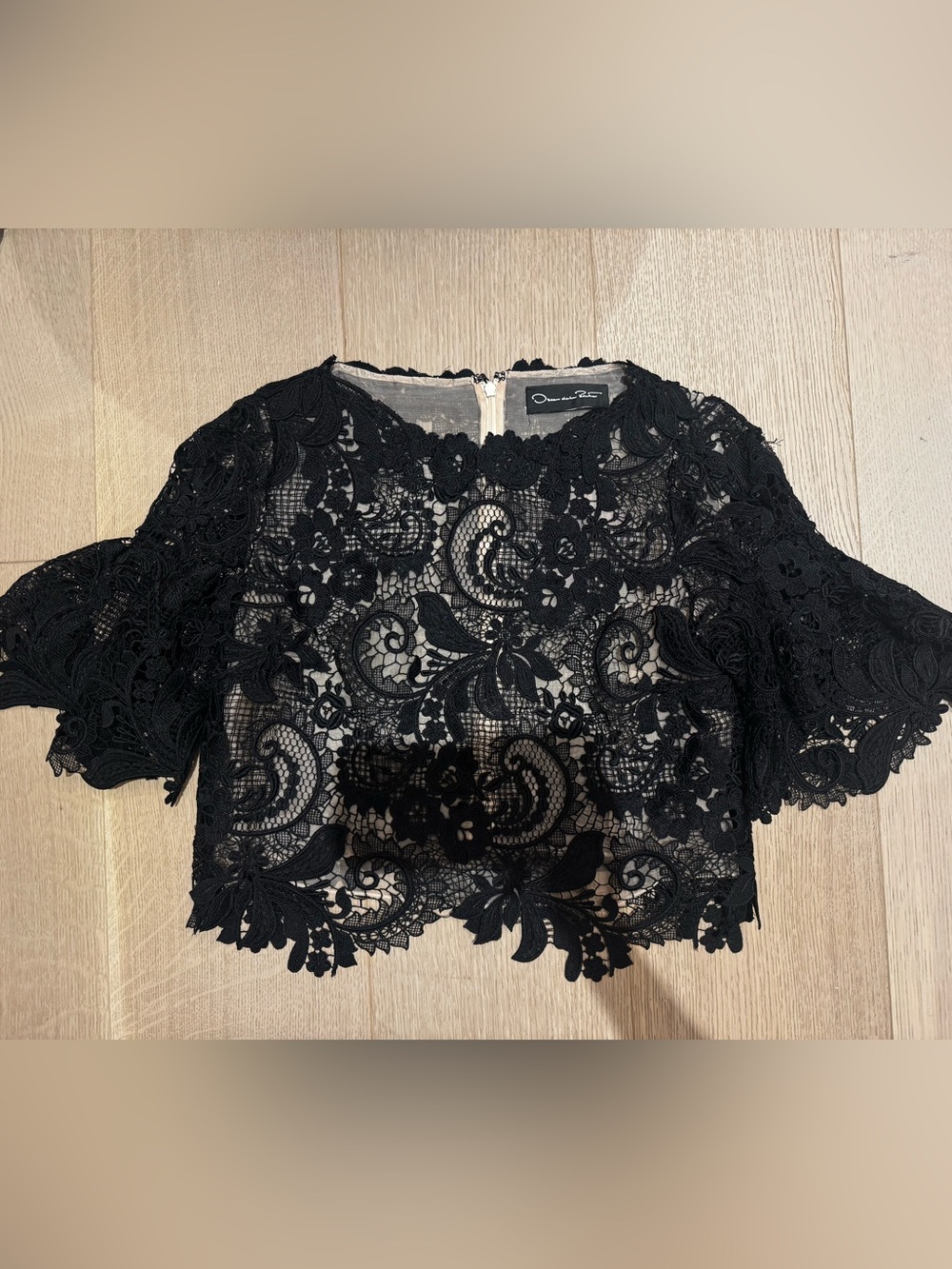 Oscar de la Renta Black Floral Lace Crop Top